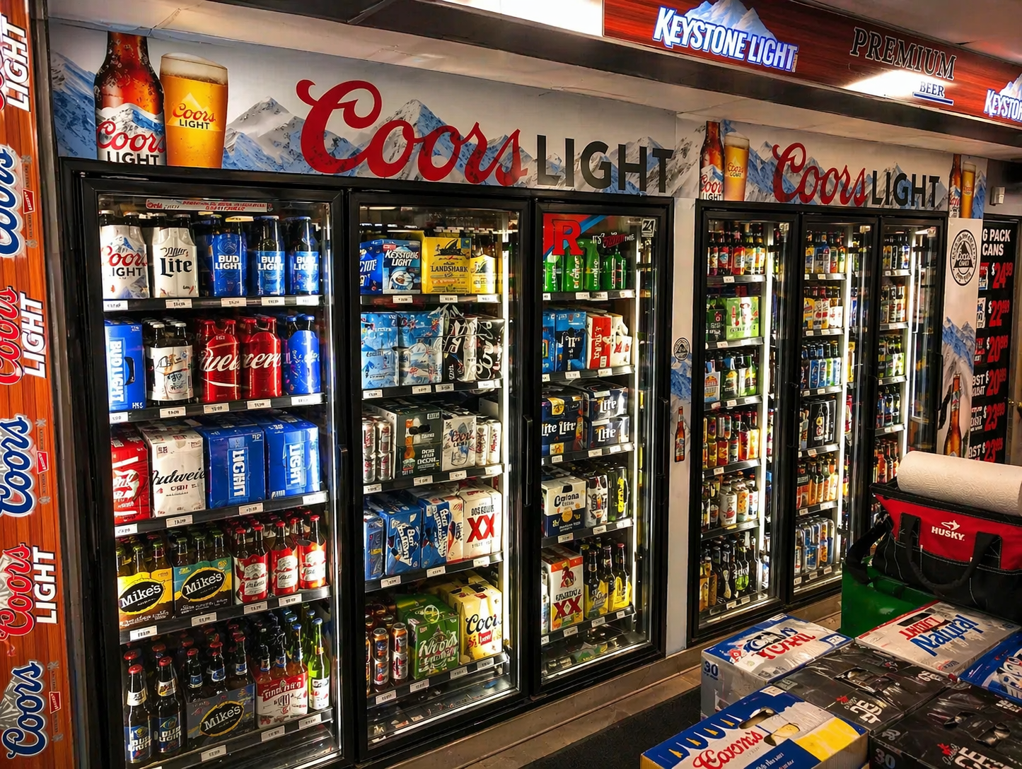 Inside Peter's Liquors — coolers and shelves